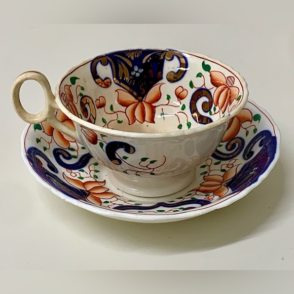 19th Century Antique Gaudy Welsh Crest Pattern Teacup & Saucer Set - Picture 14 of 16